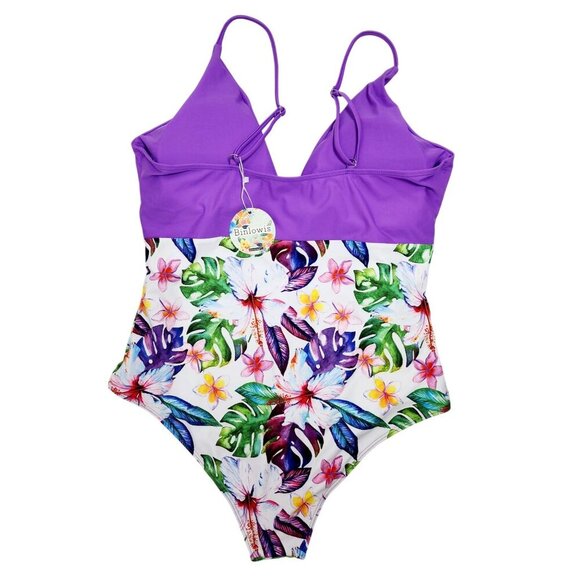 Womens Purple Floral One-Piece Swimsuit Binlowis Size XL Adjustable Straps - Picture 2 of 10